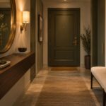 Ingresso domestico con panca specchio grande e luce calda da boutique hotel