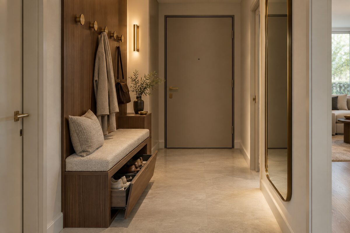 Panca imbottita con contenimento e grande specchio in un ingresso stretto