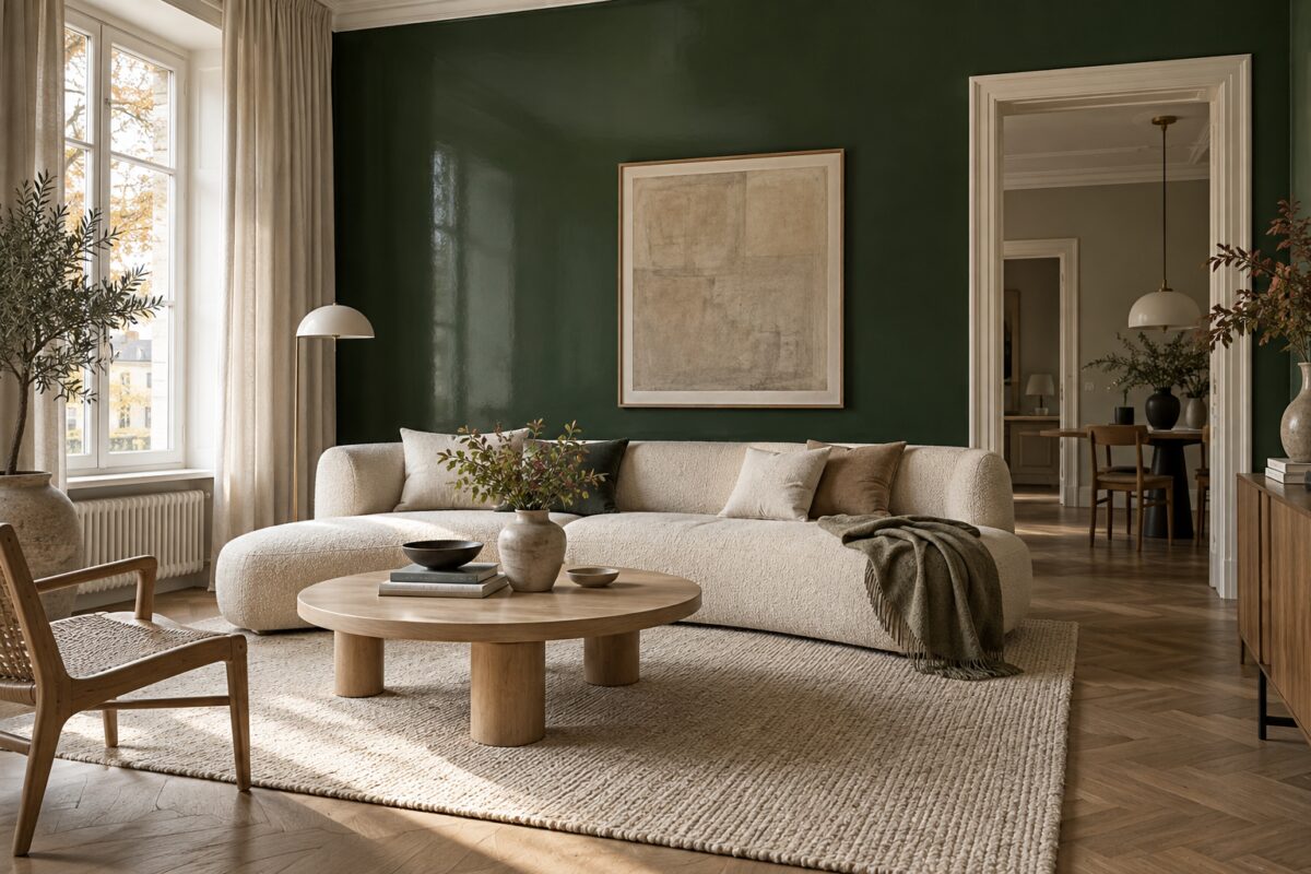 Soggiorno con parete lucida verde e arredi dalle texture opache