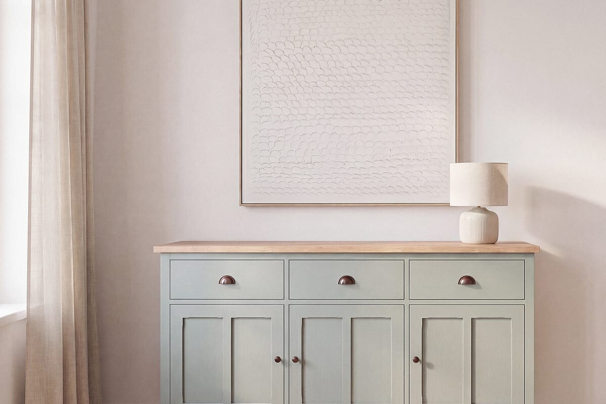 Madia verde ambientata con lampada e decorazioni