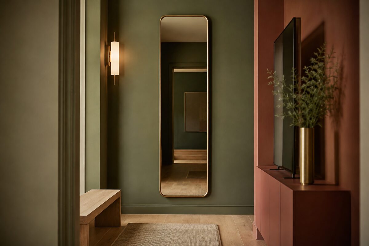 Ingresso stretto con specchio verticale bronzato e luce laterale