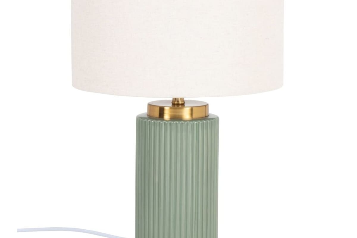 Lampada VIGO con base in ceramica striata verde e paralume crema