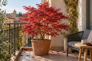 Acer palmatum in vaso: il piccolo albero che veste il balcone di rosso in ottobre