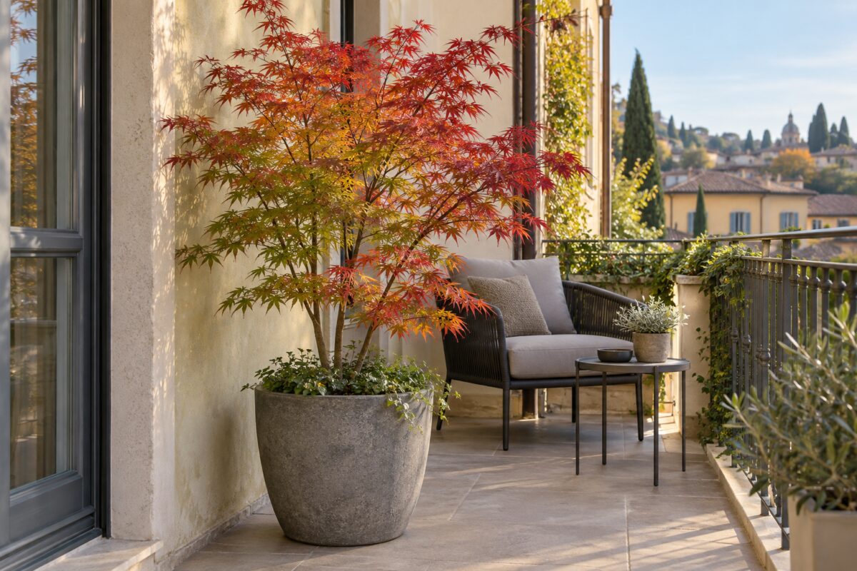Acer palmatum compatto in un vaso di pietra accanto a una poltrona sul balcone