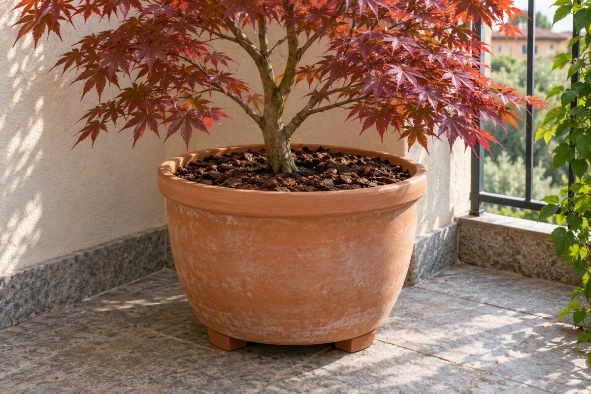 Vaso in terracotta rialzato con Acer palmatum e pacciamatura distante dal tronco