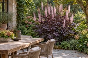 Quando il giardino rallenta, l’Actaea alza spighe rosa sopra il fogliame porpora