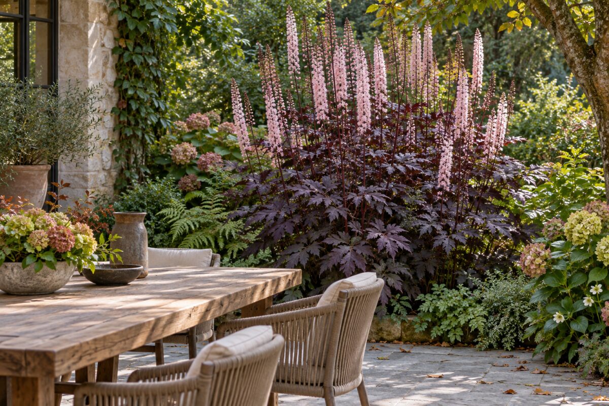 Quando il giardino rallenta, l’Actaea alza spighe rosa sopra il fogliame porpora