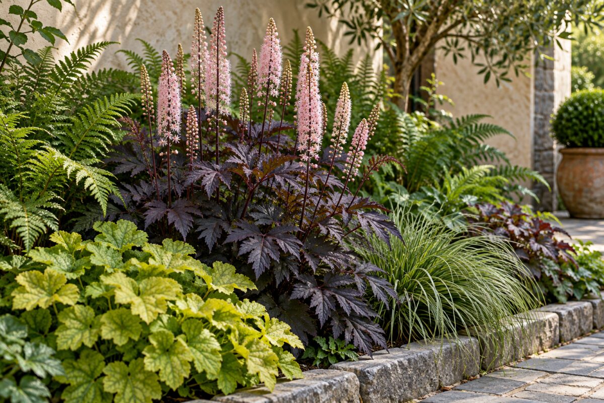 Bordura in ombra con Actaea Pink Spike, felci, Heuchera e Carex