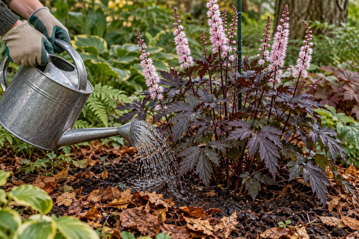 Annaffiatura alla base dell’Actaea Pink Spike su terreno ricco di humus