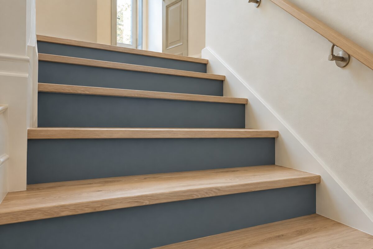 Dettaglio delle alzate blu fumo opache accanto a pedate in rovere chiaro