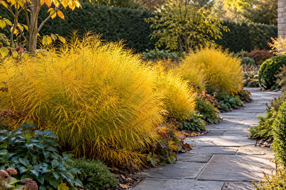 Amsonia hubrichtii disegna una nuvola dorata lungo il vialetto d’autunno