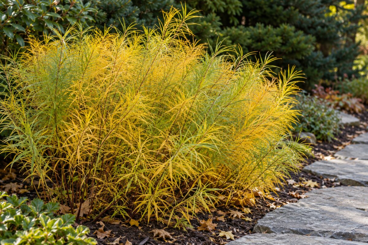 Foglie sottili giallo dorato dell’Amsonia hubrichtii accanto al sentiero
