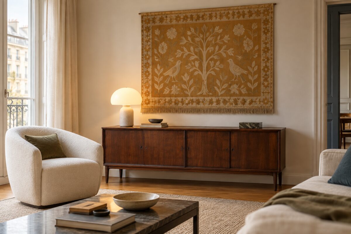 Arazzo color ocra sopra una credenza scura in un soggiorno con poltrona contemporanea