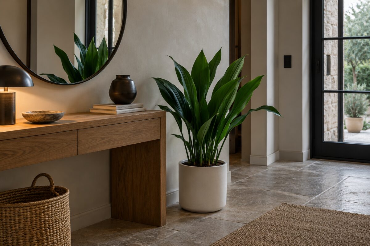 Aspidistra accanto a una consolle in legno e a uno specchio nell’ingresso