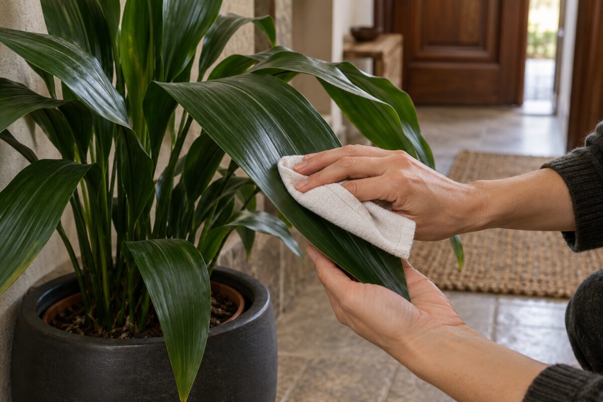 Pulizia delle foglie di Aspidistra con un panno morbido e umido