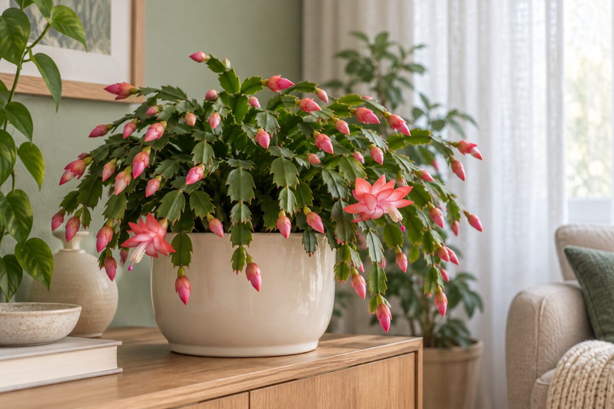 Cactus di Natale con boccioli rosa in luce filtrata vicino alla finestra