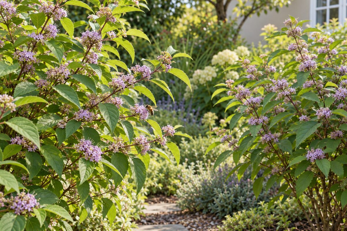 Due Callicarpa bodinieri in fiore visitate da un'ape in estate