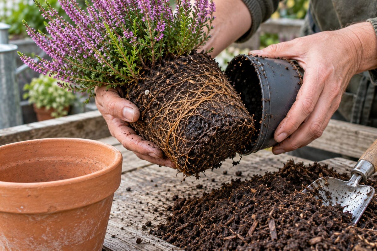 Controllo della zolla di Calluna con radici fini e una parte di substrato scuro e saturo