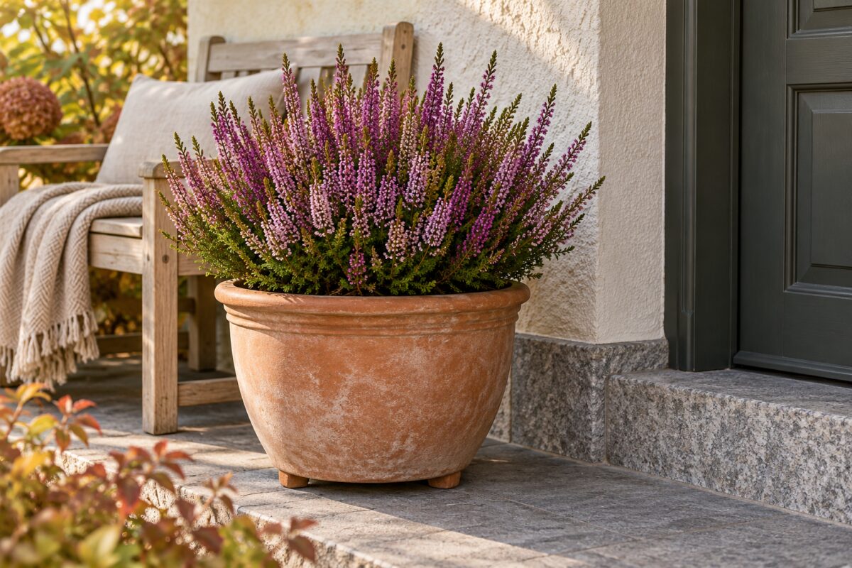 Calluna sana in vaso di terracotta rialzato accanto a un ingresso esterno