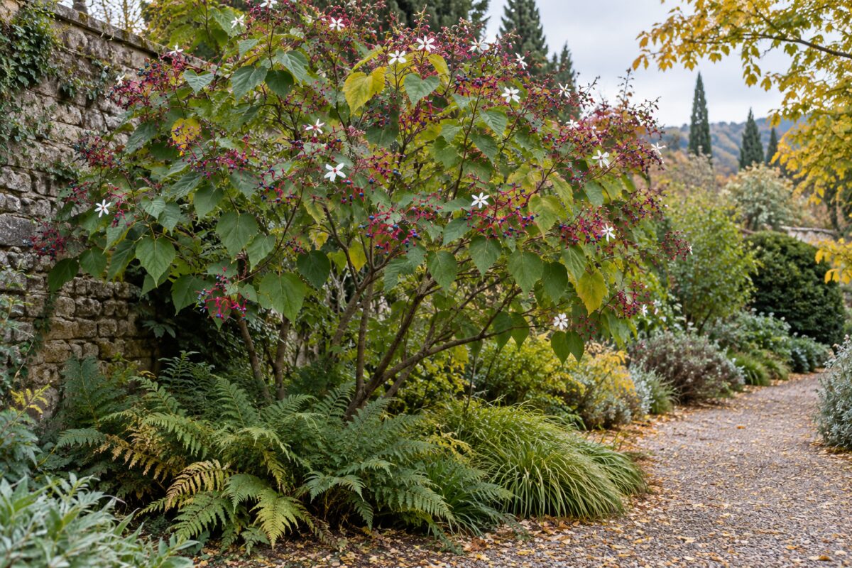 Clerodendrum trichotomum adulto lungo un vialetto con felci e Carex alla base