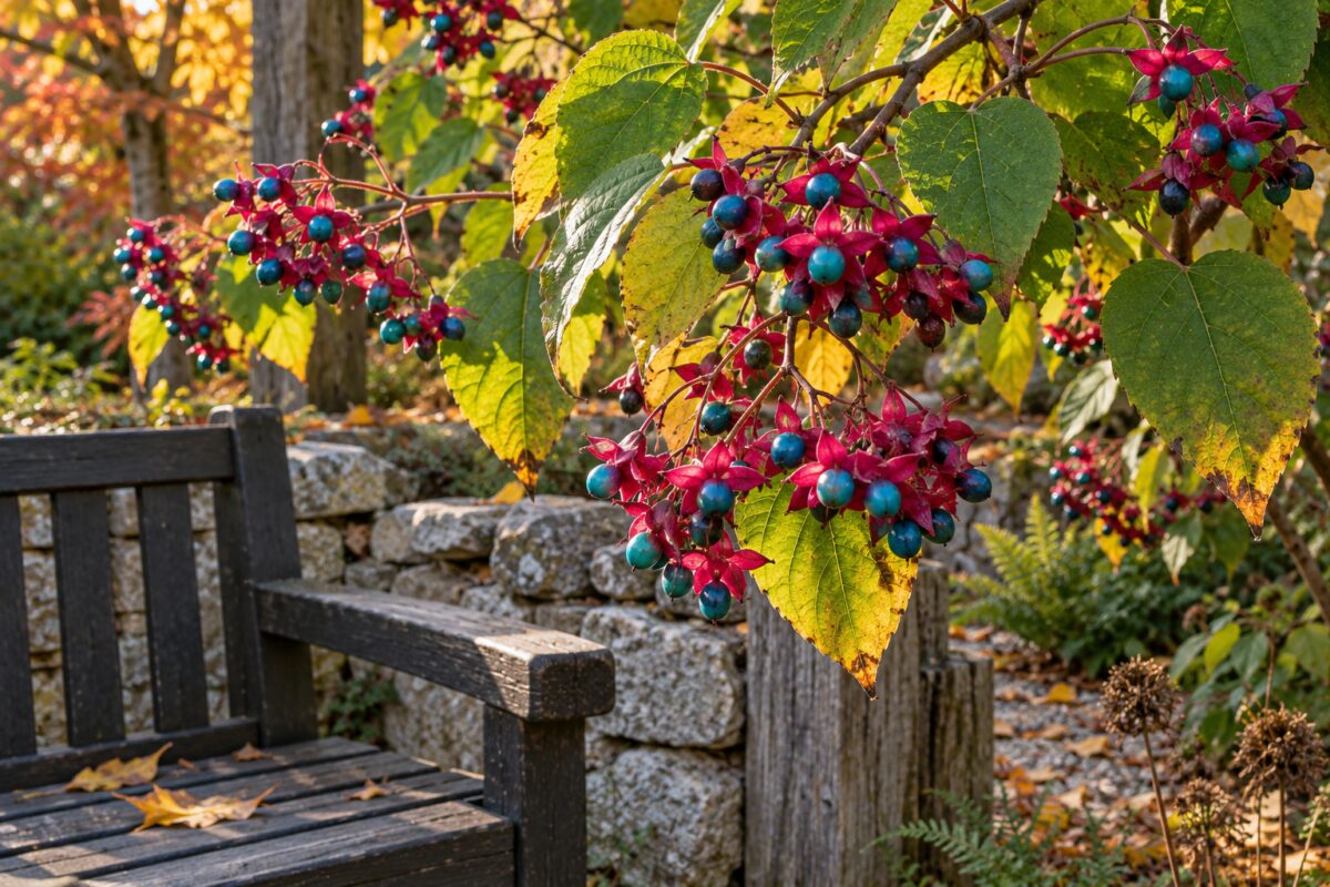 Dettaglio dei frutti blu del Clerodendrum trichotomum nei calici rosa magenta