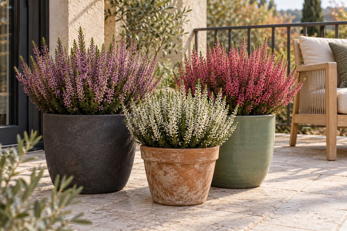 Tre Callune sul terrazzo in vasi grafite, terracotta e verde salvia