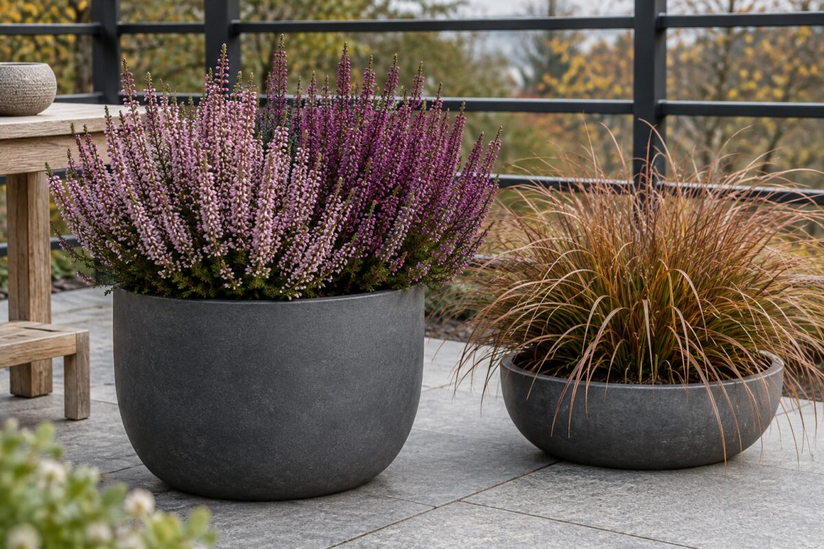 Calluna malva in vaso grafite accanto a una graminacea color bronzo