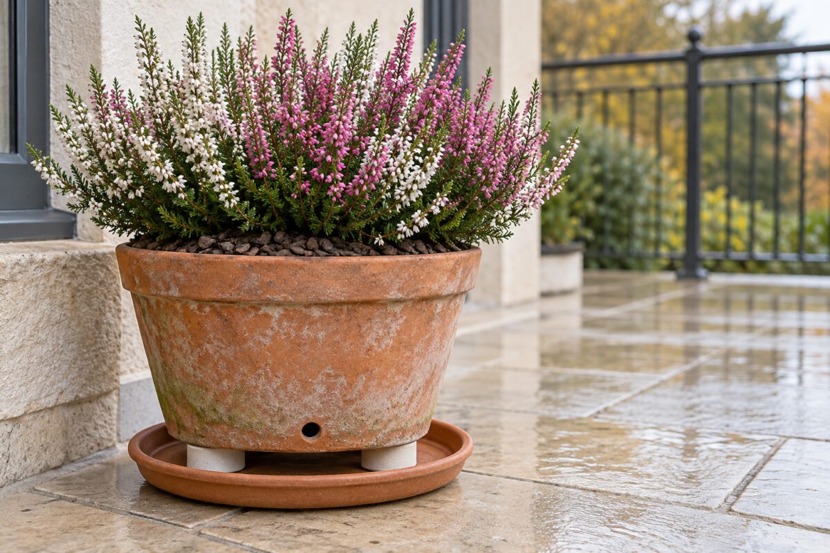 Calluna bianca e rosa in vaso di terracotta rialzato per il drenaggio