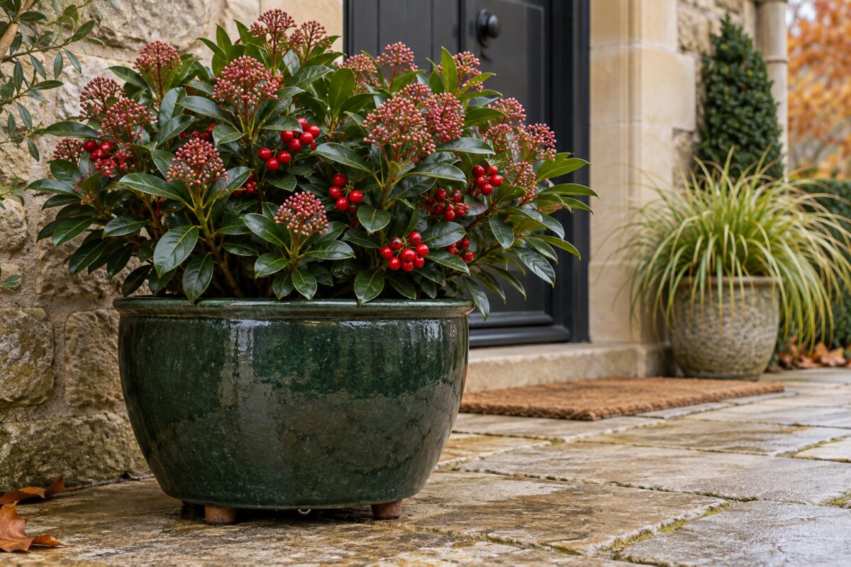 Vaso di Skimmia sollevato su piedini per favorire il drenaggio