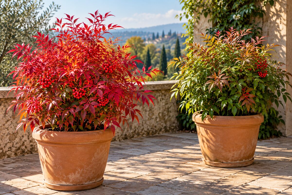 Confronto tra Nandina al sole con foglie rosse e Nandina in ombra più verde