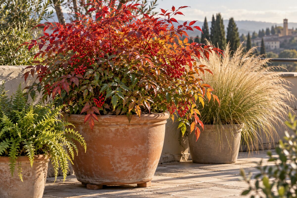 Nandina rossa in vaso con felce e graminacea sul terrazzo