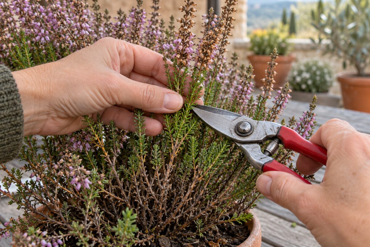 Forbici posizionate sul tratto verde della Calluna sopra il legno vecchio