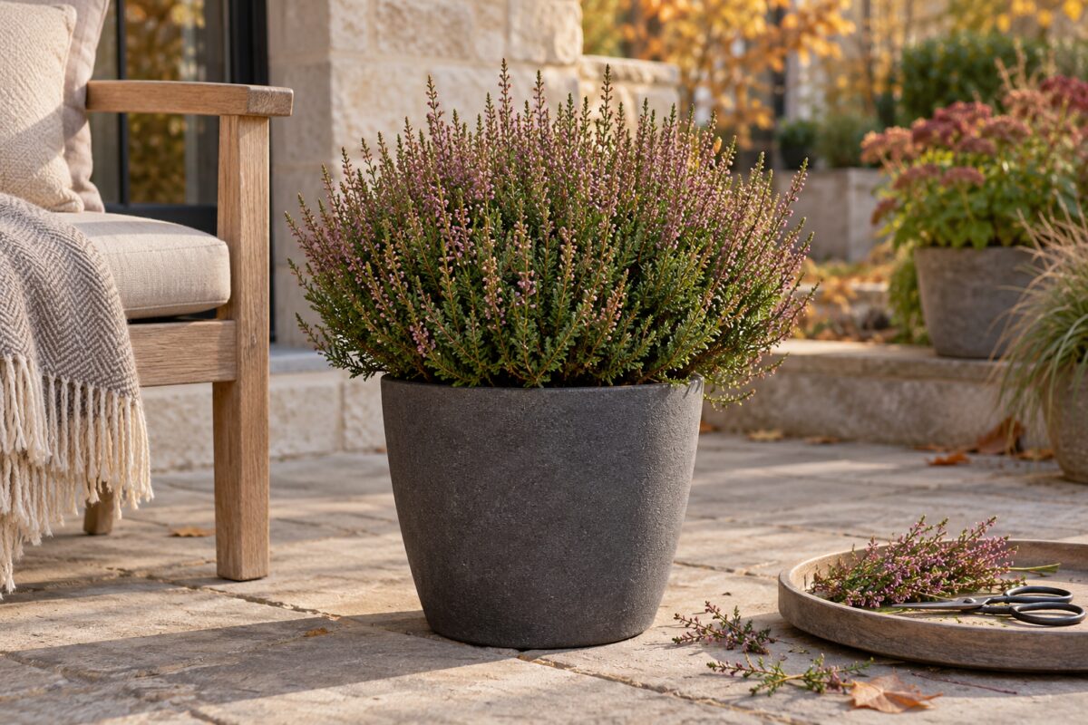 Calluna compatta in vaso dopo una potatura leggera delle spighe sfiorite