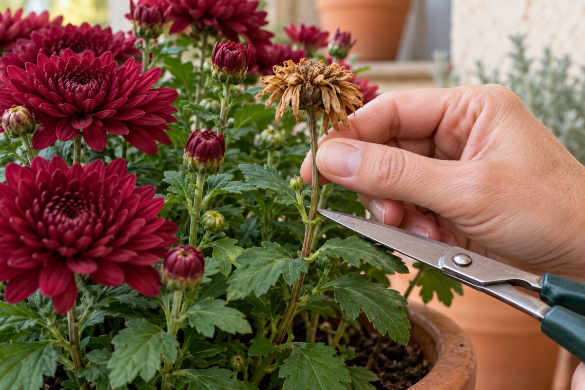 Taglio di un fiore secco di crisantemo sopra un nodo con bocciolo laterale