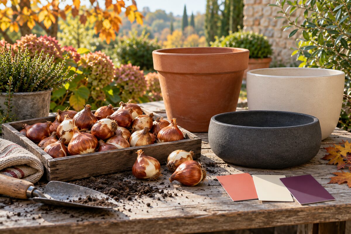 Bulbi di tulipano sani accanto a vasi in terracotta ceramica e cemento