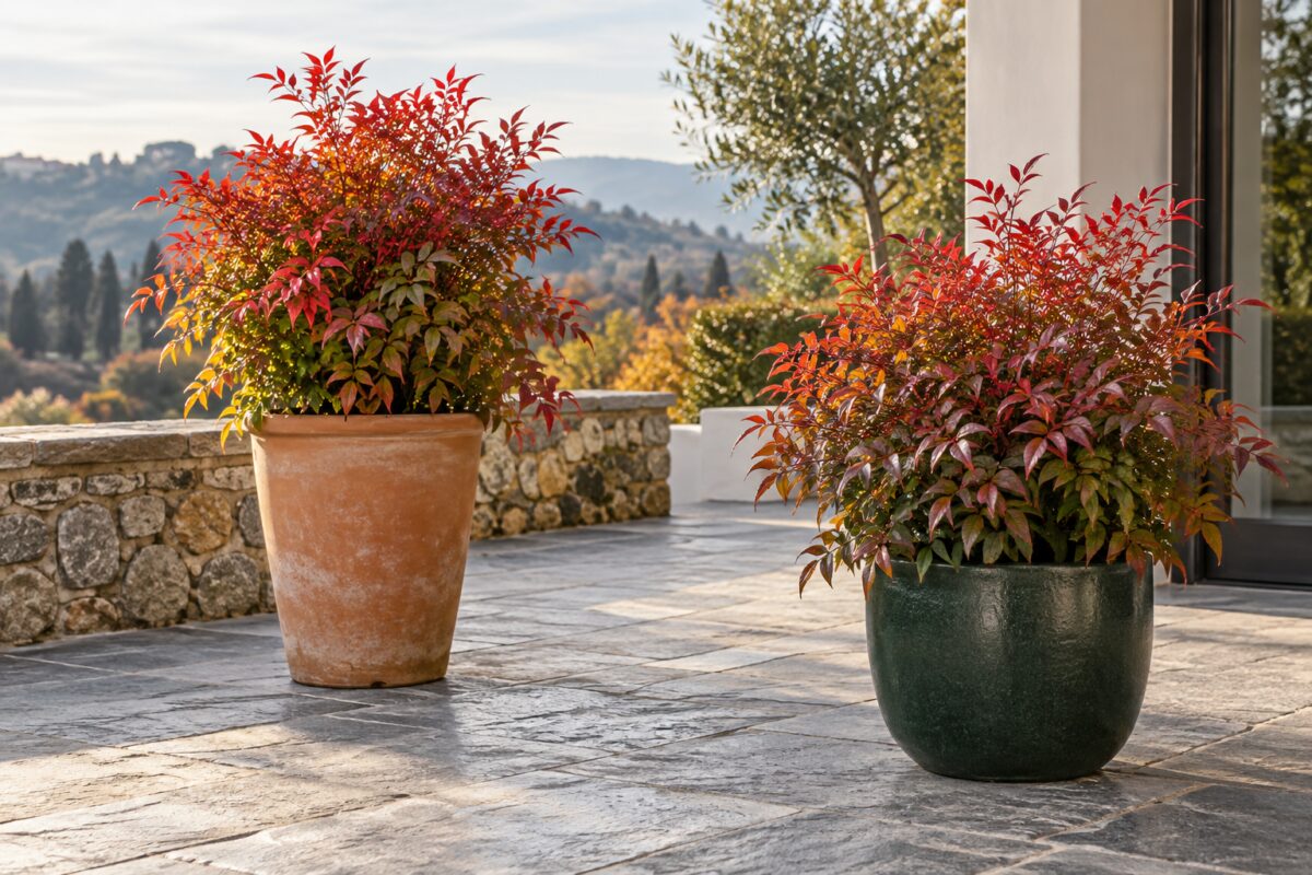 Nandine in vasi di terracotta e ceramica verde bosco su un terrazzo