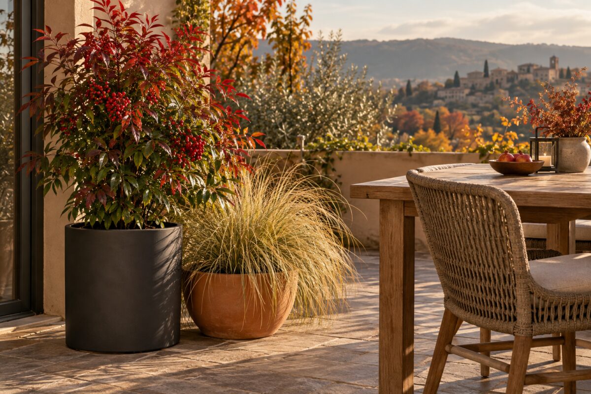Nandina in vaso antracite accanto a Carex e arredi in legno sul terrazzo