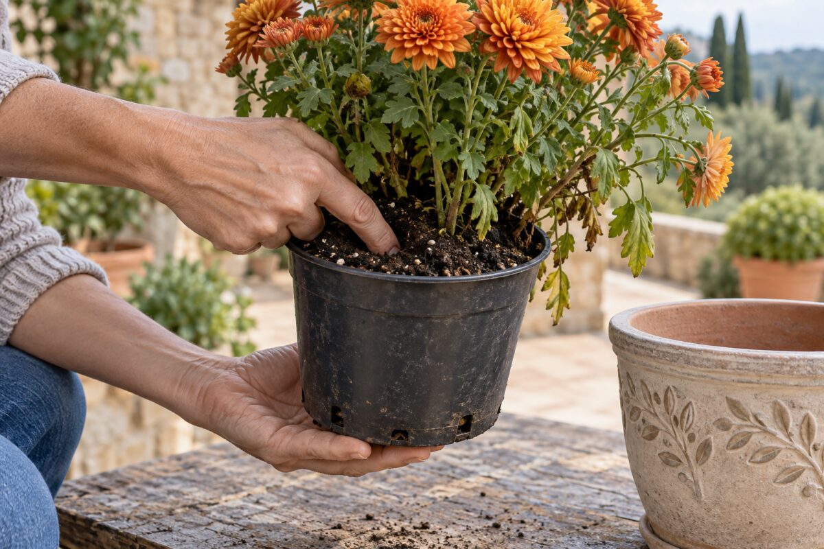 Controllo del terriccio e dei fori di drenaggio di un crisantemo in vaso