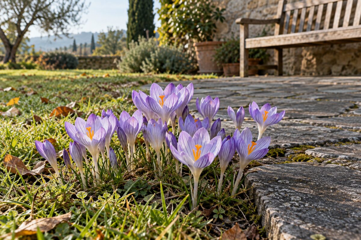 Crocus speciosus in fiore tra un prato autunnale e un sentiero di pietra scura