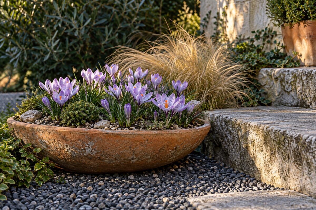 Crocus speciosus in una ciotola di terracotta tra ghiaia e gradini di pietra