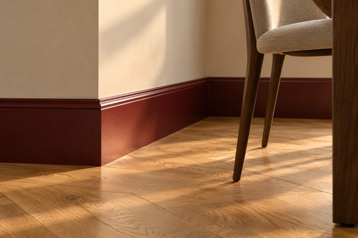 Dettaglio del battiscopa color vino satinato accanto a parete avorio e parquet chiaro