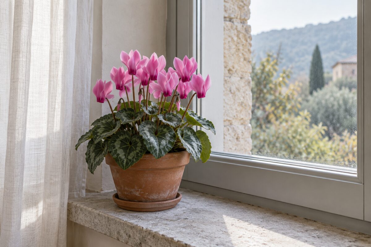 Cyclamen persicum in vaso di terracotta accanto a una finestra luminosa