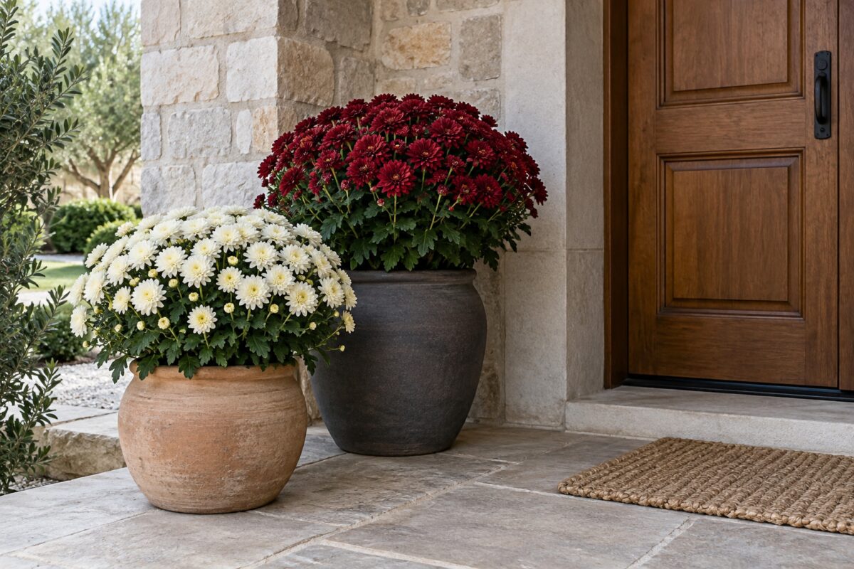 Crisantemi color crema e bordeaux abbinati a vasi in terracotta e ceramica