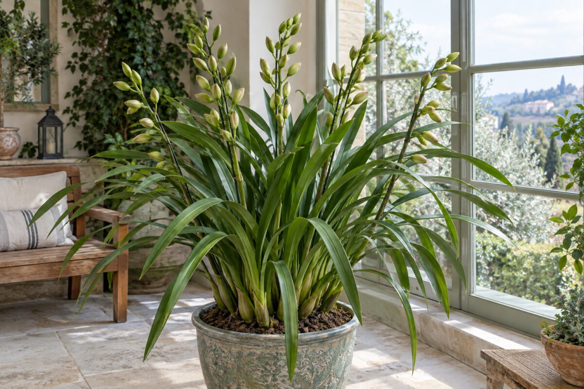 Cymbidium con steli in boccio vicino alla finestra di una veranda