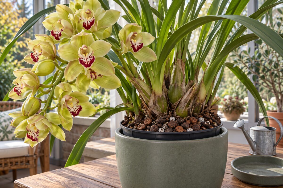 Cymbidium in vaso con bark e pseudobulbi in evidenza