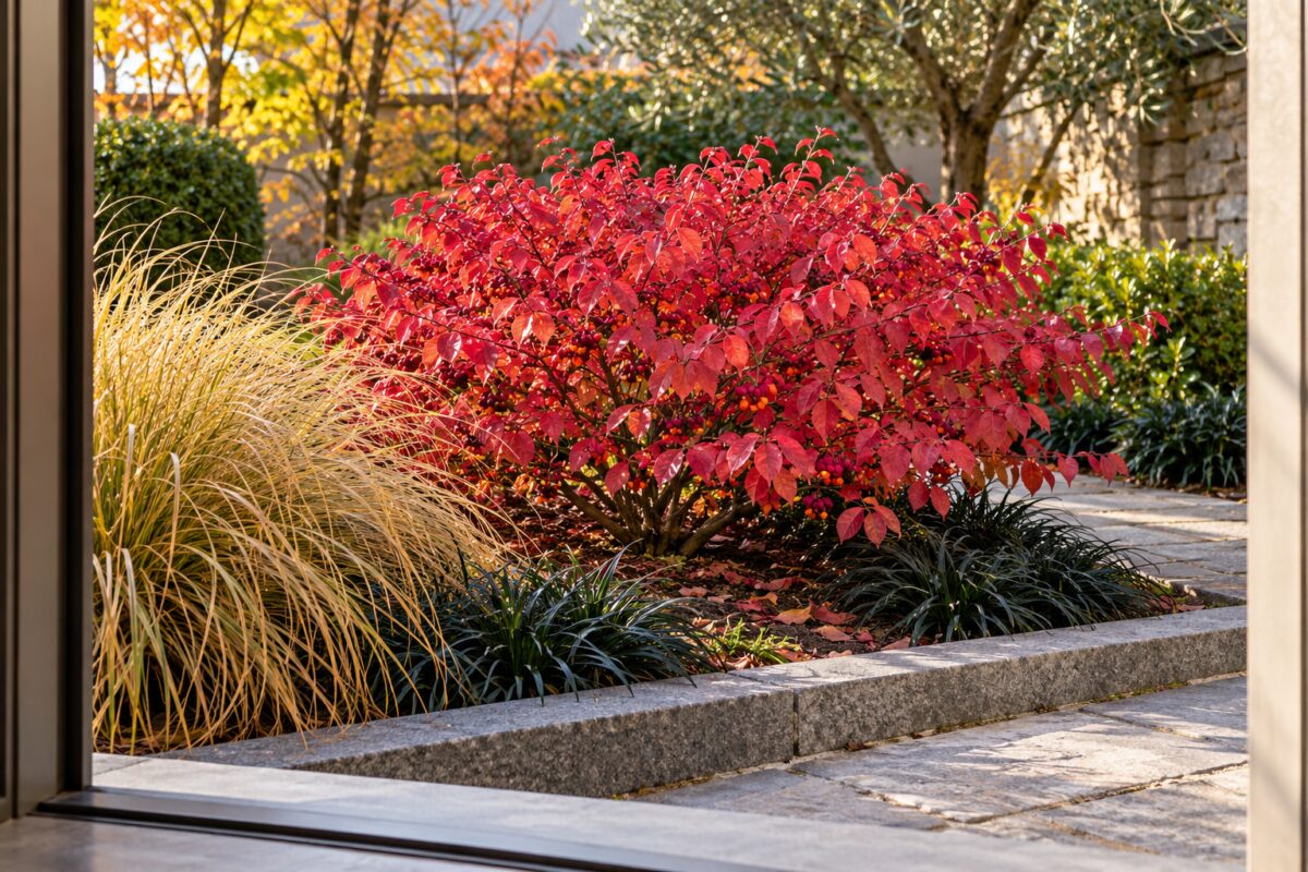 Euonymus alatus Compactus rosso in un piccolo giardino con pietra grigia e graminacee
