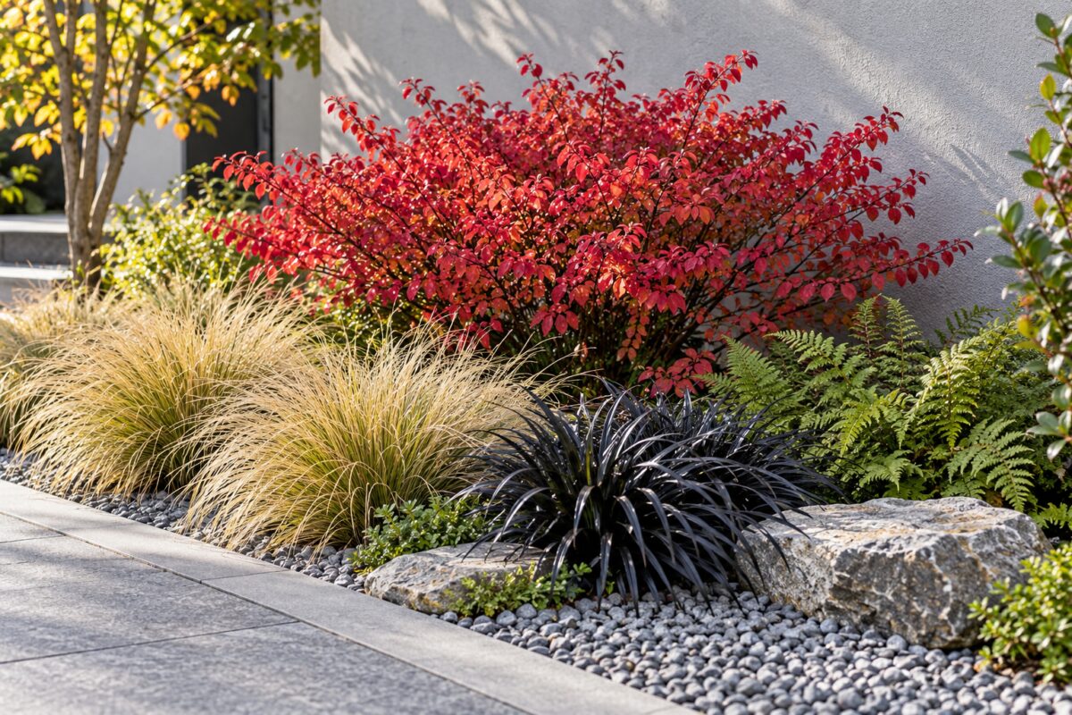 Euonymus alatus Compactus abbinato a Carex, Ophiopogon, felci e ghiaia grigia