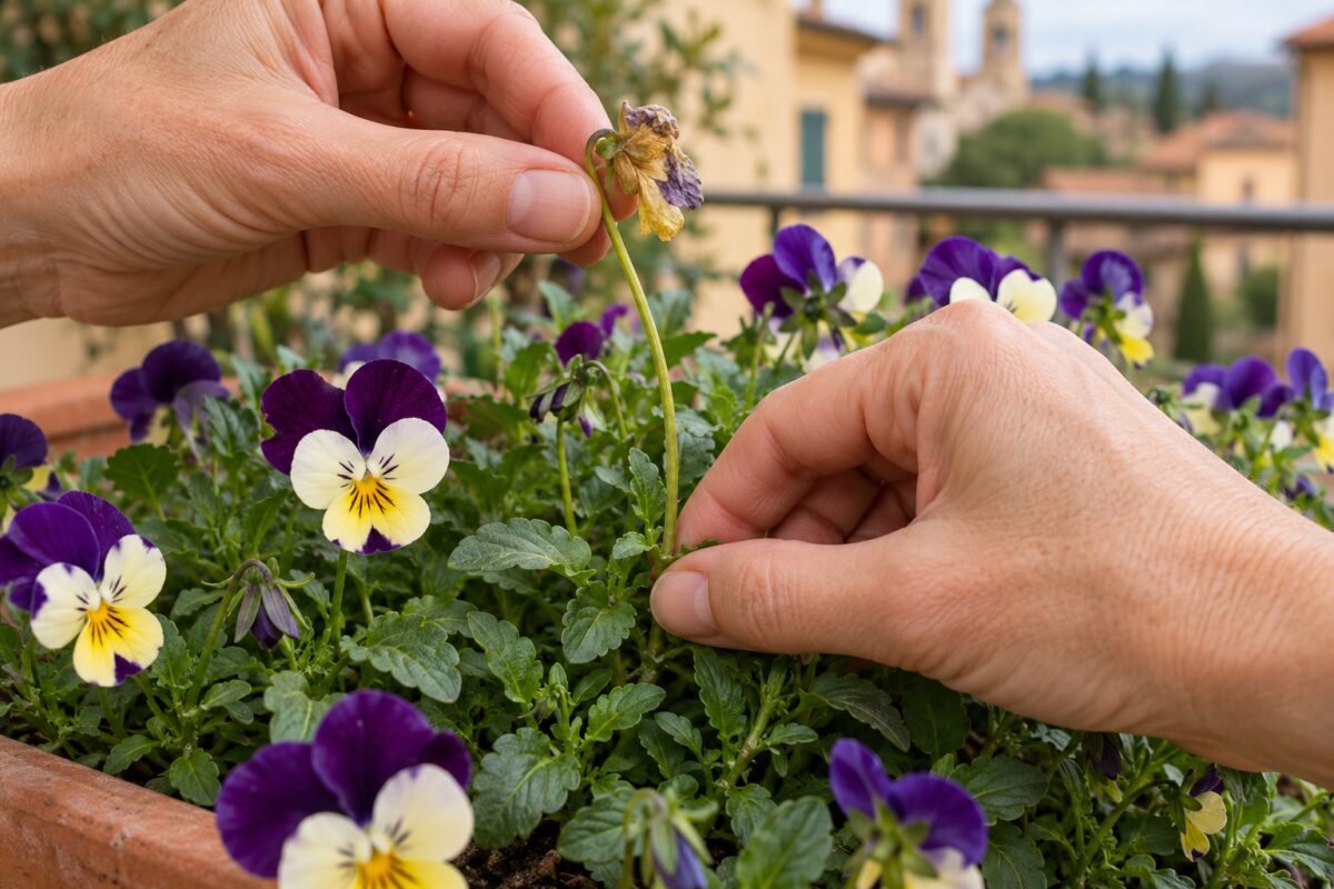 Rimozione completa dello stelo sfiorito tra le foglie delle viole cornute