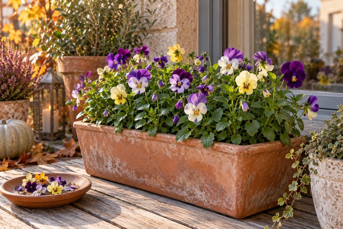 Cassetta di viole cornute rifiorita su un terrazzo in autunno