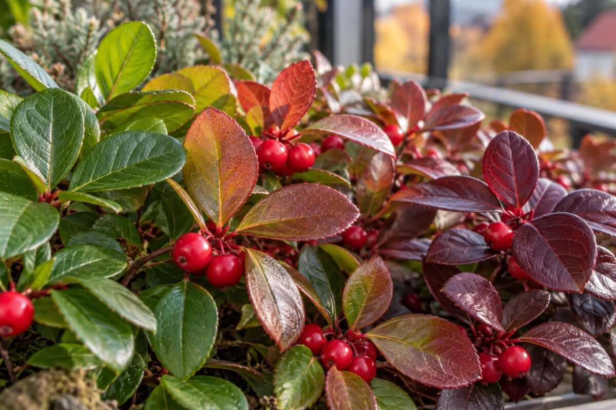 Foglie di Gaultheria dal verde al rosso porpora con bacche mature